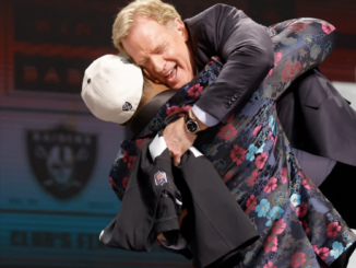Tyree Wilson picks up Roger Goodell after being drafted #7 to the Las Vegas Raiders.