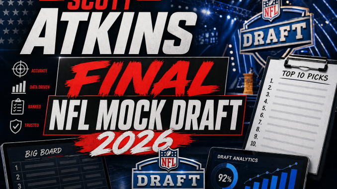 Scott Atkins Final NFL Mock Draft 2026 graphic featuring first round projections, rankings and draft analysis
