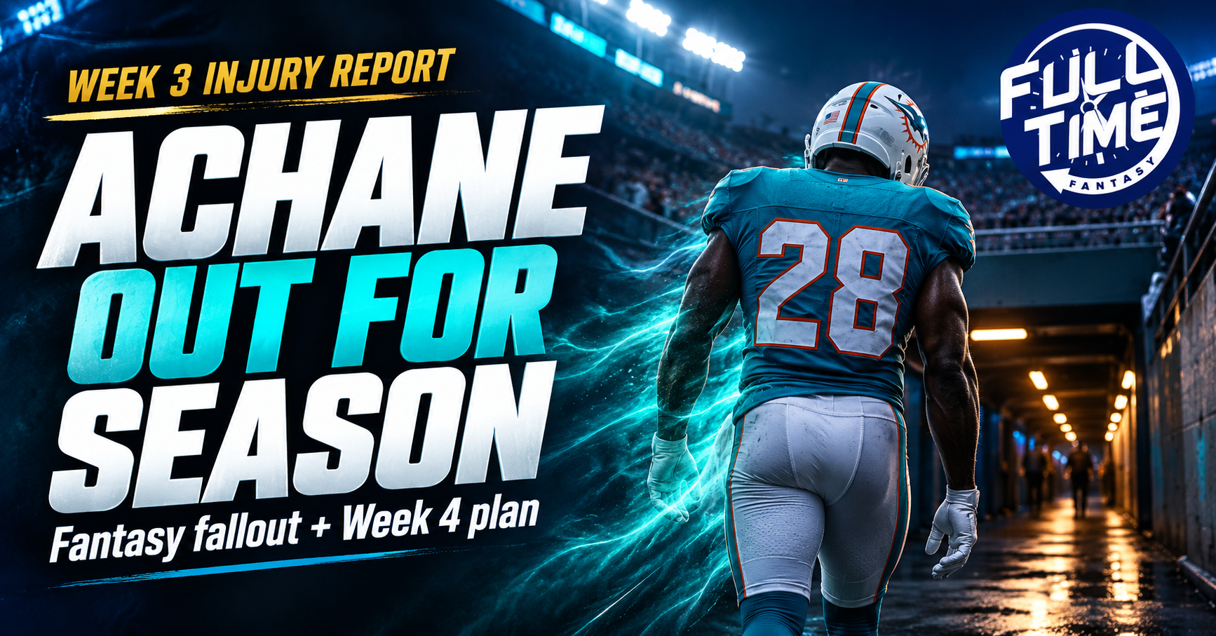 Week 3 injury report graphic showing a Dolphins No. 28 player from behind, with “Achane Out for Season” and the FullTime Fantasy logo