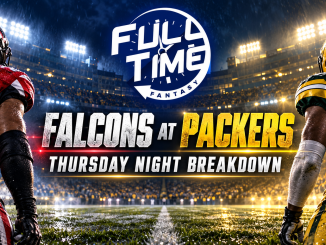 FullTime Fantasy Falcons at Packers Thursday night breakdown cover with players seen from behind in a nighttime stadium
