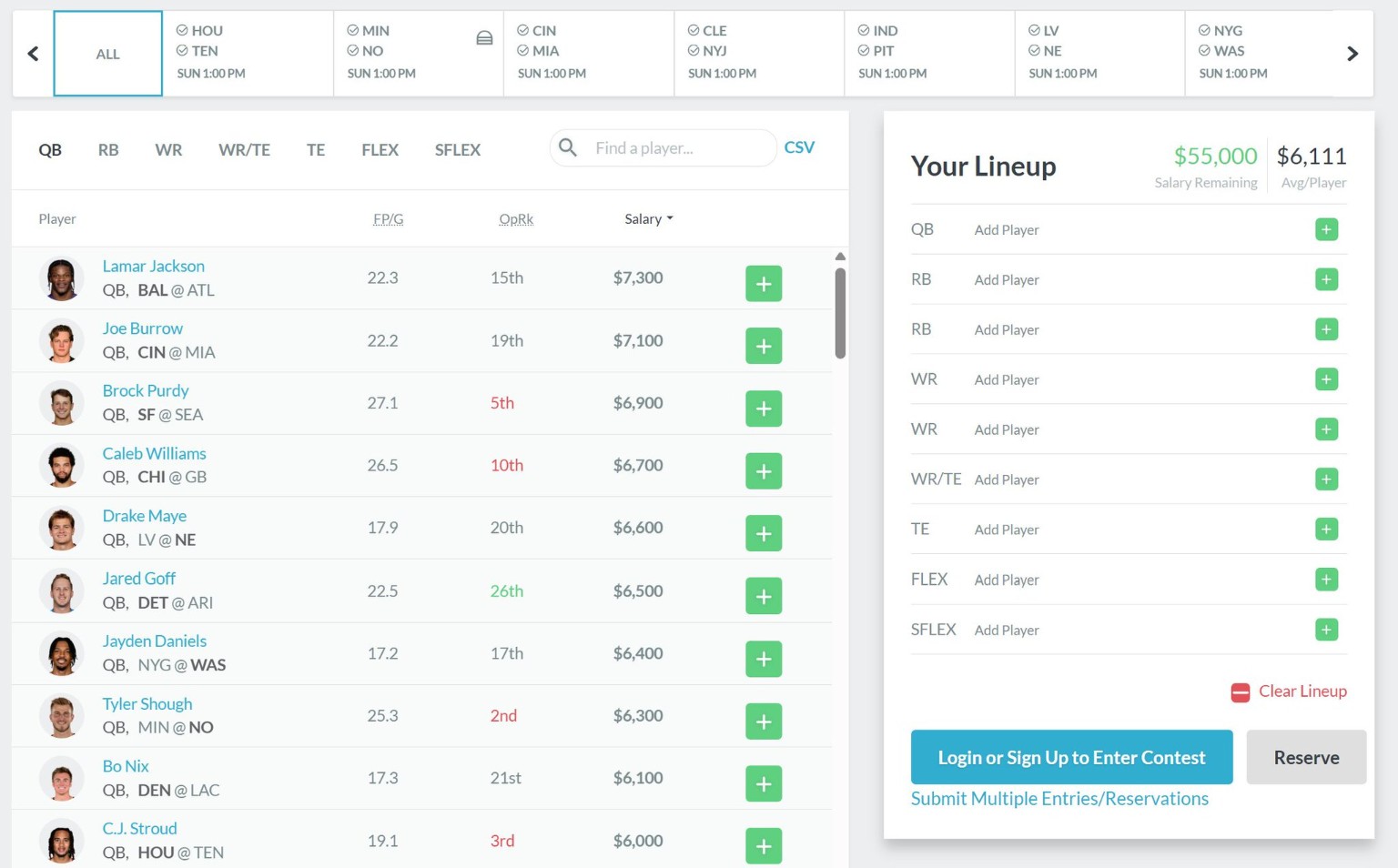 Fanball Week 5 lineup builder with a $55,000 salary cap and nine roster spots, including superflex