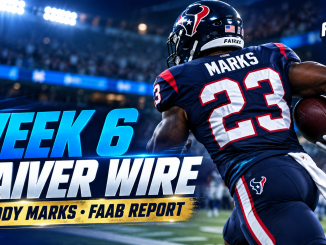 Woody Marks featured in FullTime Fantasy Week 6 waiver wire and FAAB report graphic