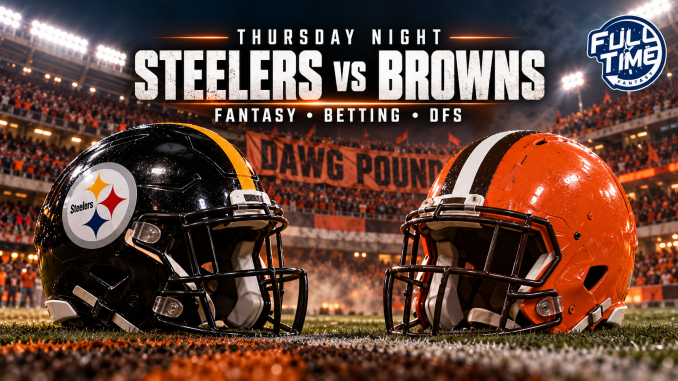 Steelers and Browns helmets in Cleveland’s Dawg Pound for the Thursday Night Fantasy, Betting and DFS Guide.
