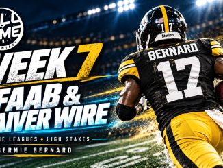 Germie Bernard in a Steelers No. 17 jersey from behind on the FullTime Fantasy Week 7 waiver wire and FAAB cover